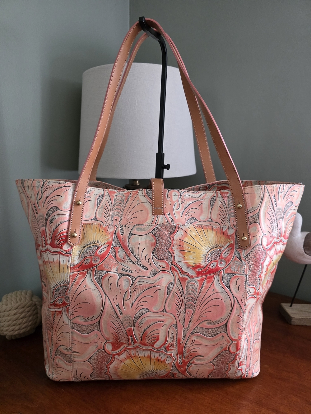 Brahmin All Day Tote Sunset Batik Floral Embossed Leather Tote Bag - Picture 3 of 16
